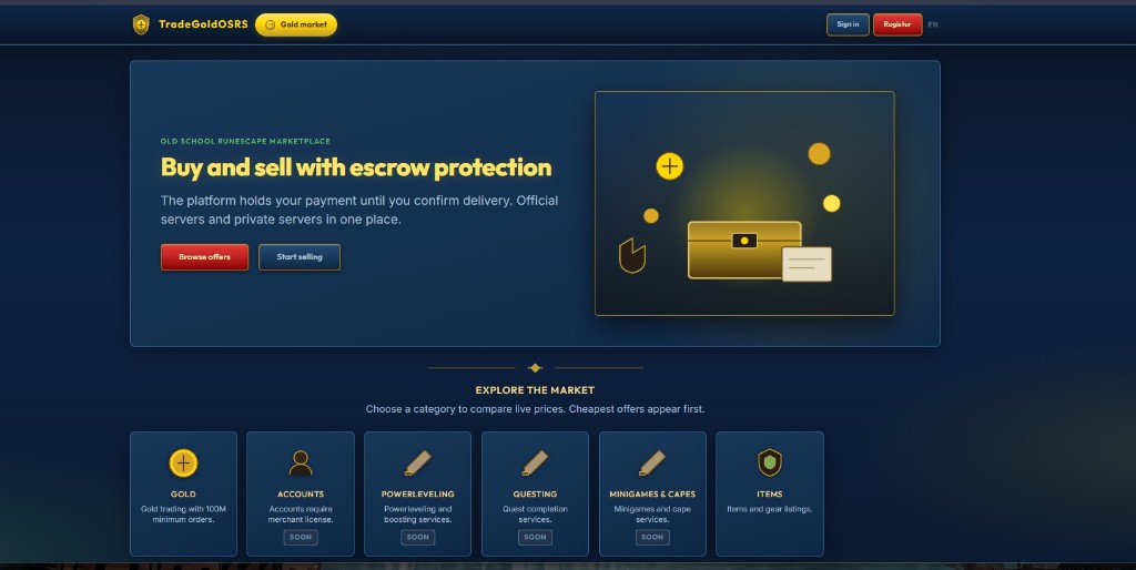 TradeGold Gamer — Plataforma gamer de compra y venta con protección escrow para Old School RuneScape y servidores privados.